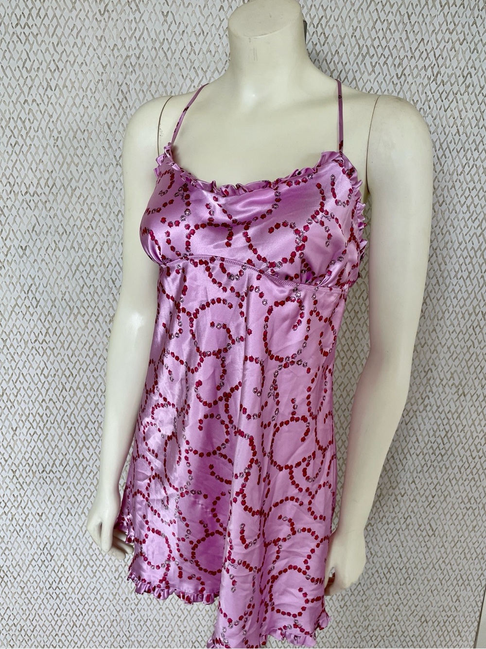 Y2K Angels Pink Satin Slip with Red Rose Swirl Print